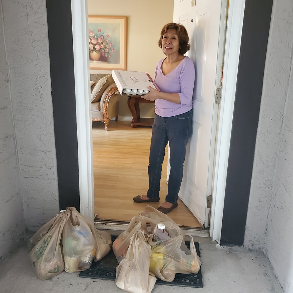 woman with donated grocery bags